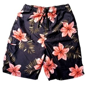 Kanu Surf Boardshorts Men's Sz S Black 8" Inseam Tropical Hibiscus Island Floral